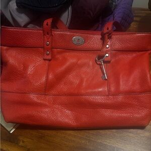 Fossil Red/Orange Leather Tote Bag with Key Charm - Unbranded